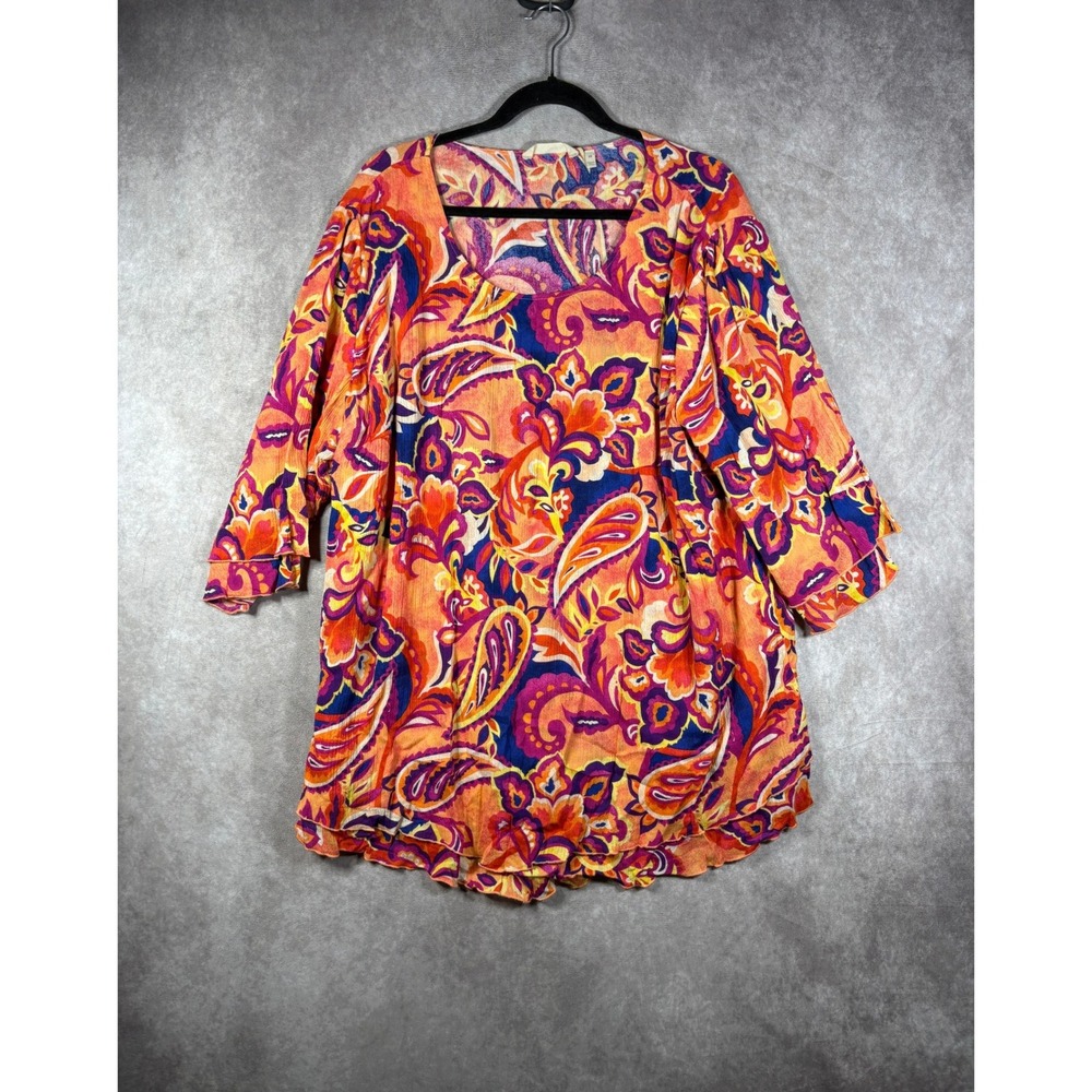 Soft Surroundings Top Womens 2X Orange Paisley Boho Floral Cotton Tunic Casual